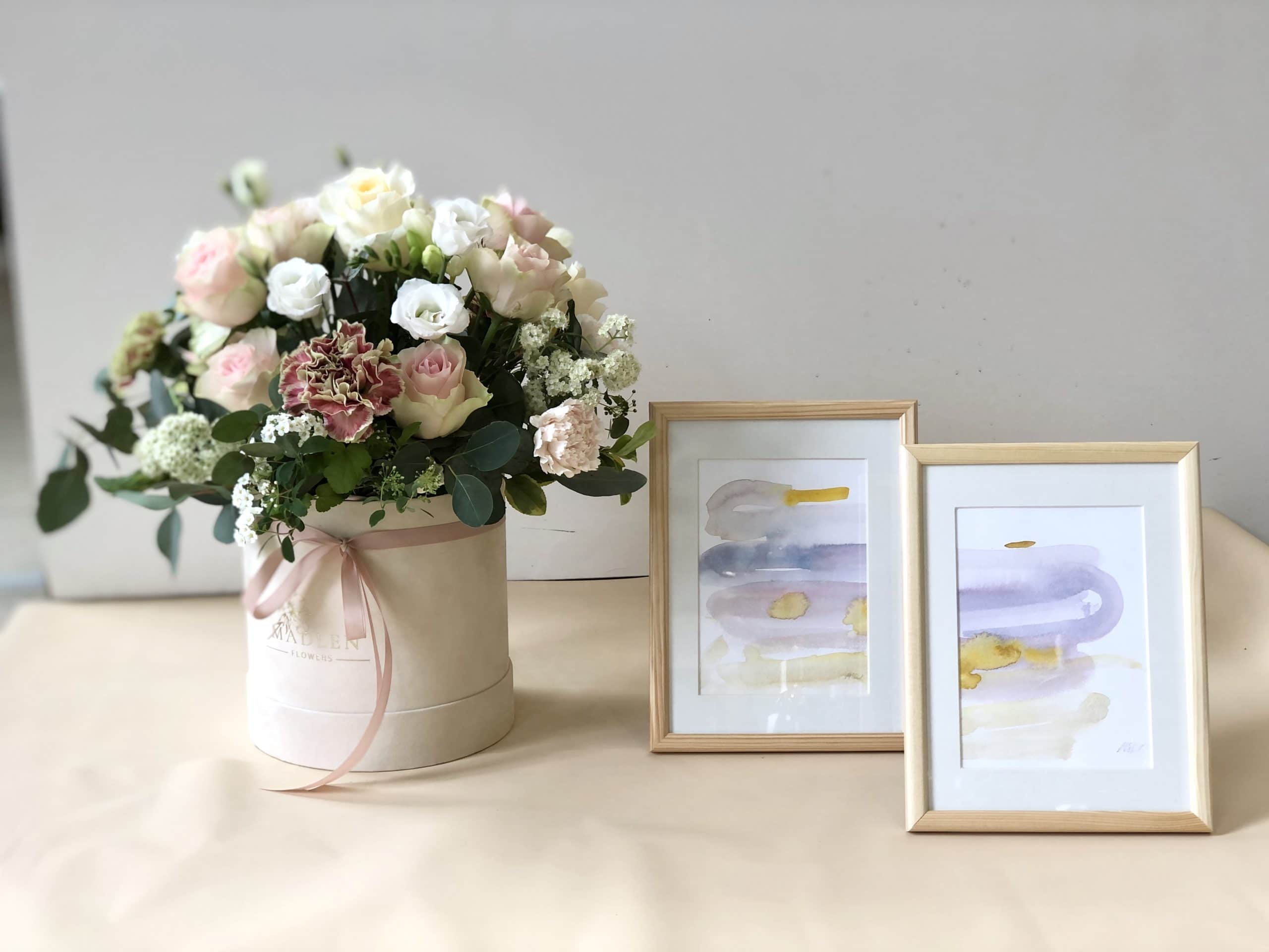 Zestaw prezentowy – flowerbox pastelowy + obrazki akwarele